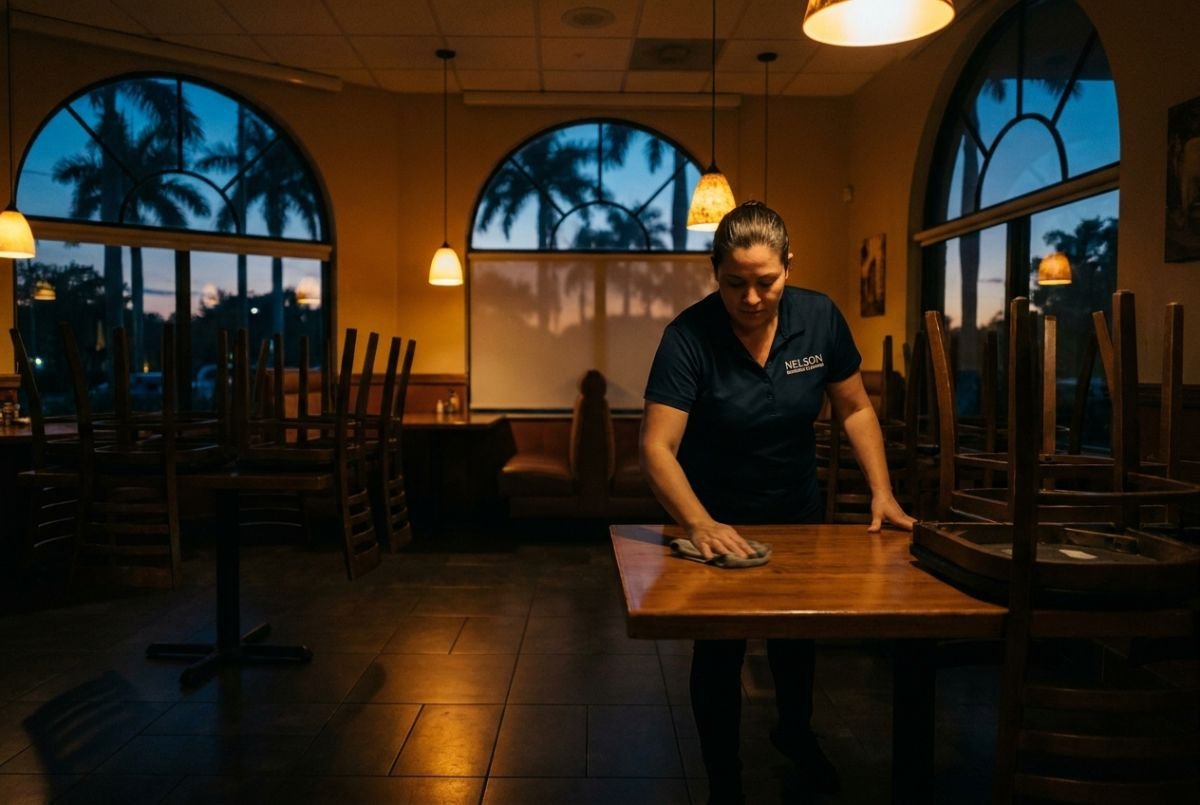 Nelson Business Cleaning crew member wiping down tables in a Broward County restaurant at closing time
