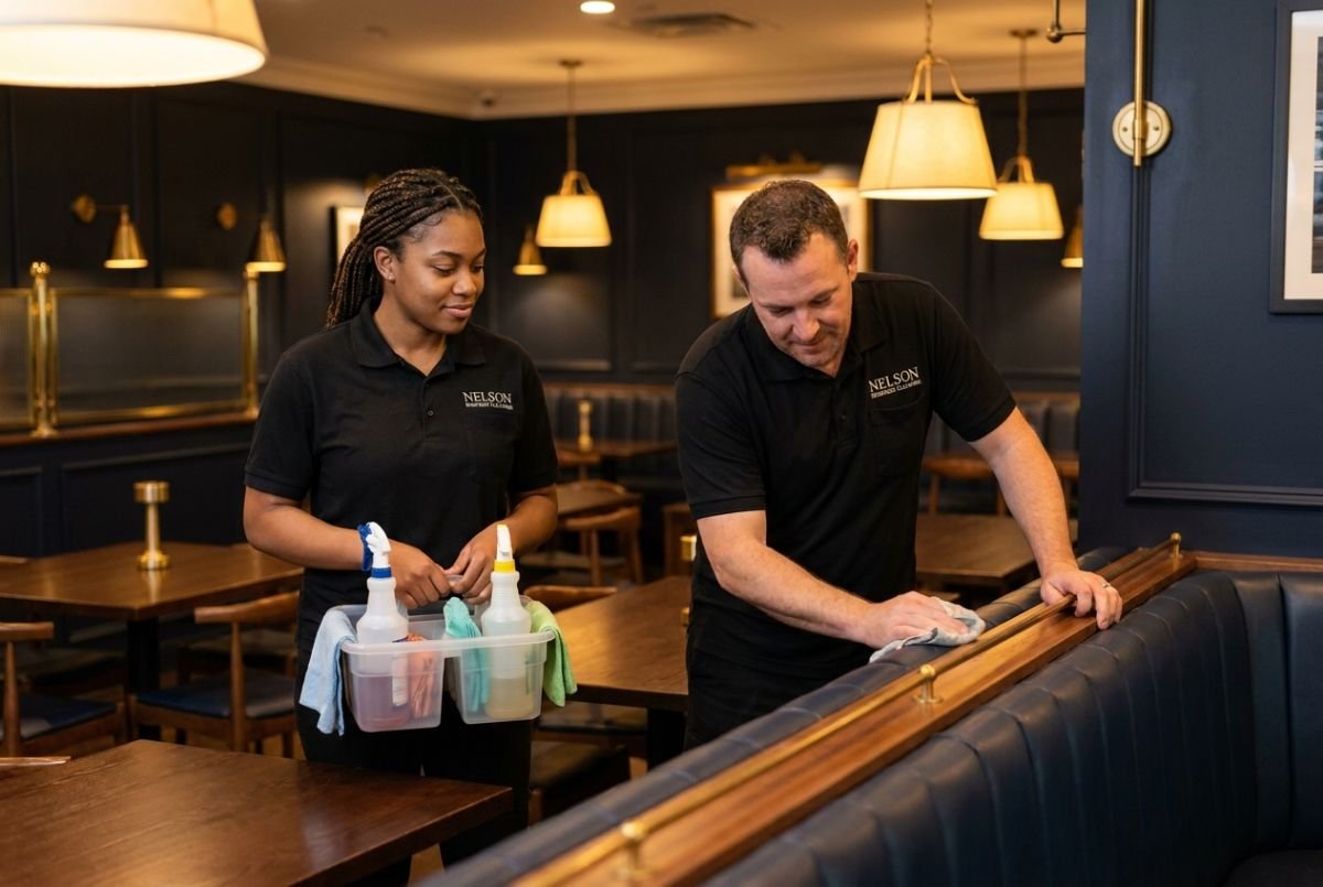 Two Nelson Business Cleaning crew members working together in a restaurant dining room after close