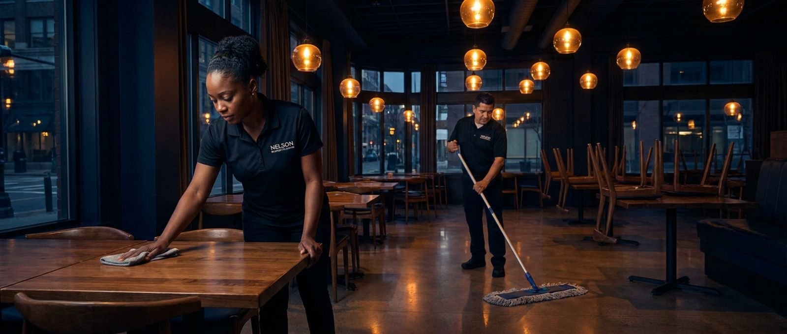 Two Nelson Business Cleaning crew members wiping tables and mopping an empty restaurant dining room after closing