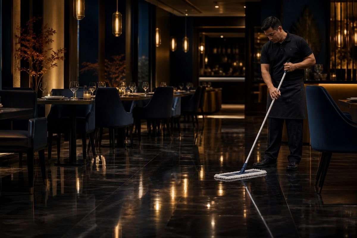 After-hours floor care in an elegant restaurant dining room
