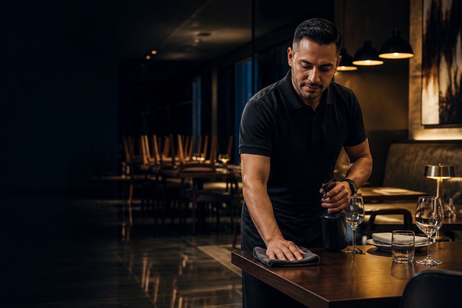 Nelson Business Cleaning team member wiping down a restaurant dining table after service