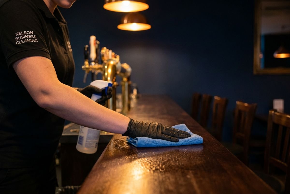 Nelson Business Cleaning crew member wiping down a restaurant bar top after closing