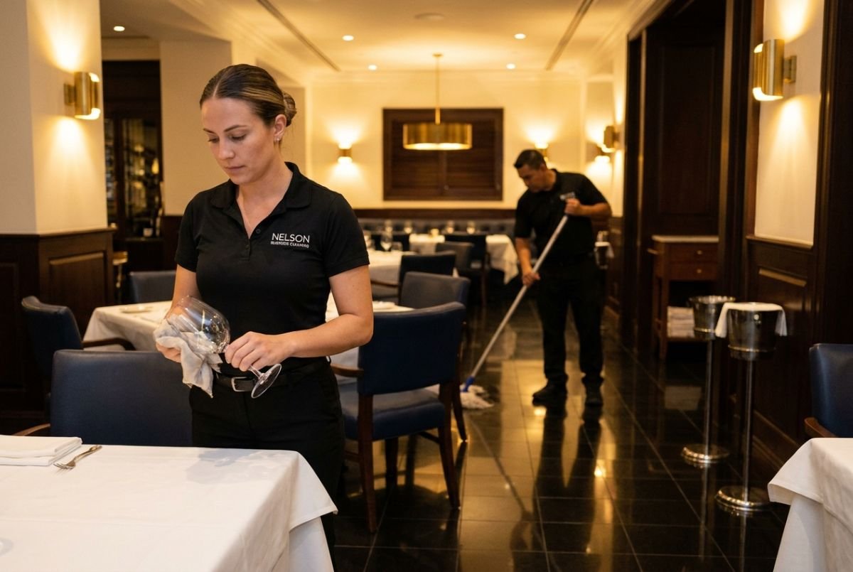 Nelson Business Cleaning crew polishing glassware and mopping in a Palm Beach County restaurant after service
